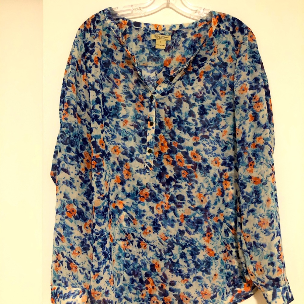 Lucky Brand Blue Floral Sheer Blouse with Orange Accents